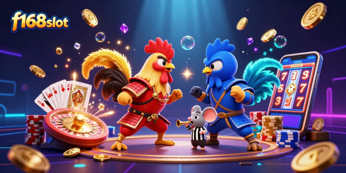 Join the excitement of f168slot with a standoff between roosters in vibrant casino action.
