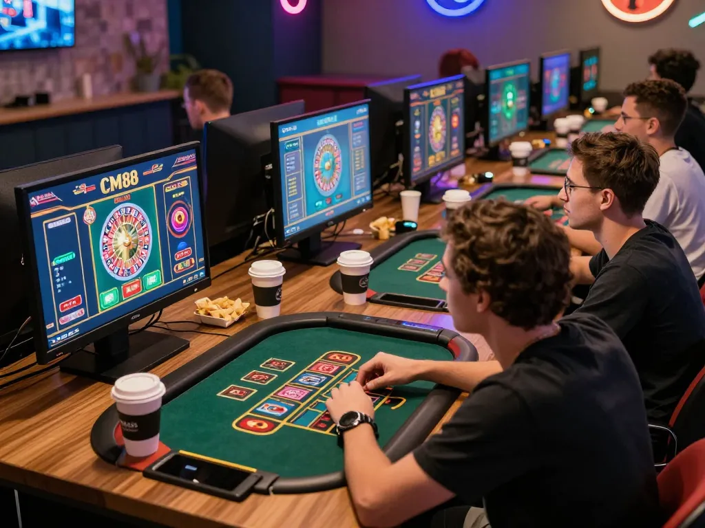 Friends engaged in a live gaming session on the CM88 mobile app with excitement and strategy