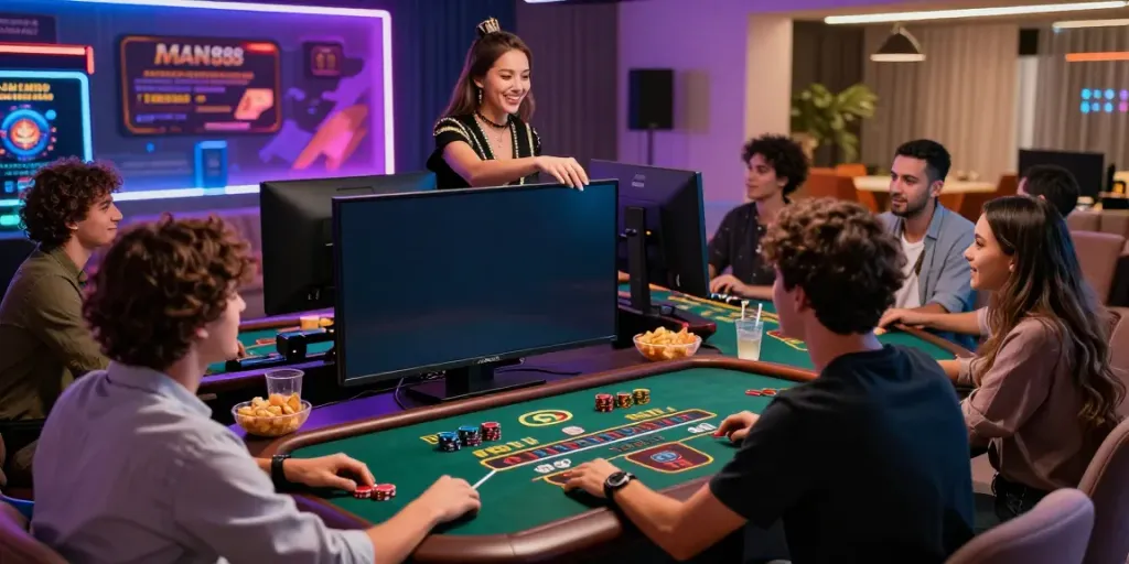 Online gaming scene at MAN88 with friends enjoying live casino excitement and promotions.