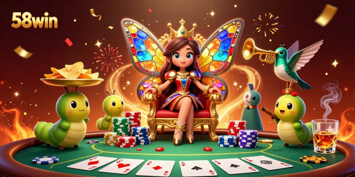 Engage in thrilling poker action with 58win’s cartoon butterfly queen and chip trays in a vibrant scene