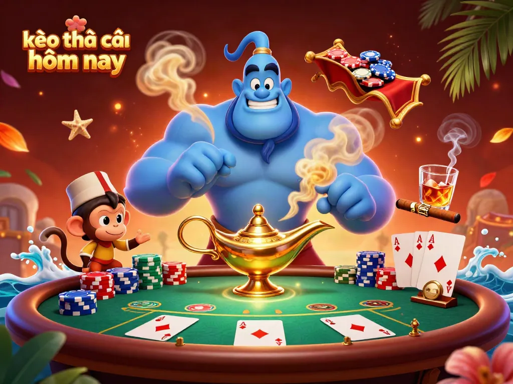 Experience thrilling kèo nhà cái hôm nay with a colorful poker scene featuring a genie and playful monkey.