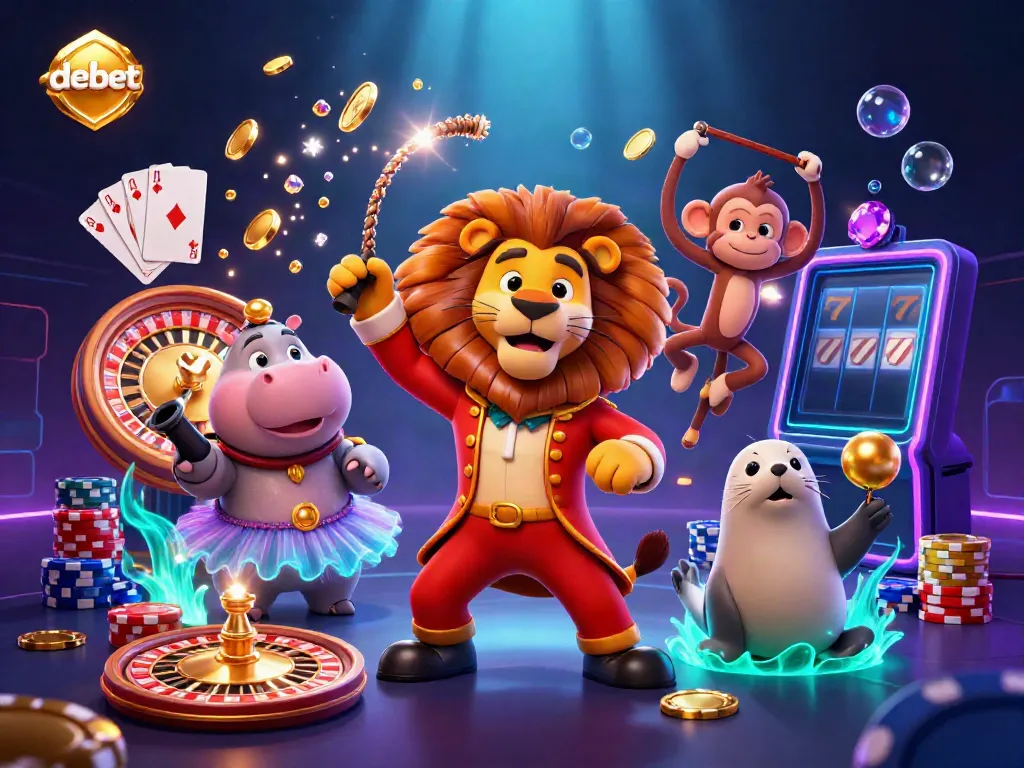 Experience thrilling bets with debet as a lion ringmaster leads a circus of wealth and luck.