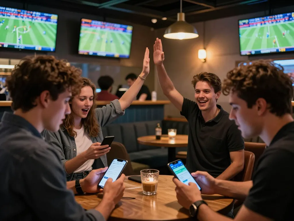 Fans placing bets on their smartphones while watching live sports at m88zo sports lounge.