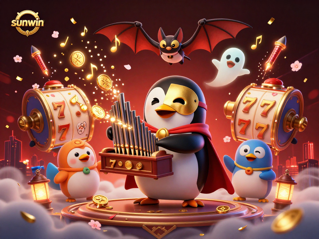 Experience the excitement of sunwin with a vibrant 3D illustration of casino elements and characters