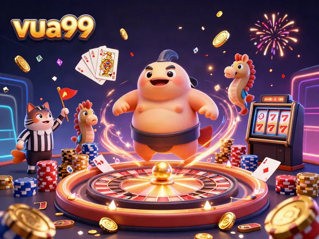 Engage with exciting slots and poker at vua99, featuring dynamic 3D casino elements and characters.