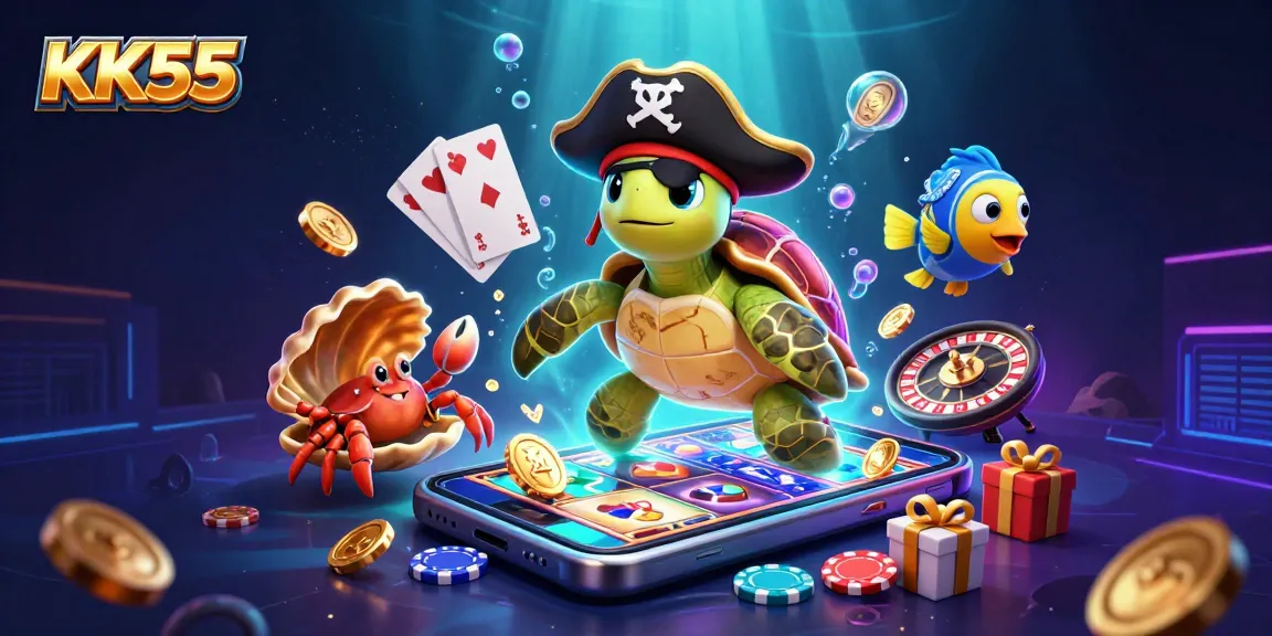 Experience the excitement of KK55 with vibrant 3D characters amidst slot games and treasure!