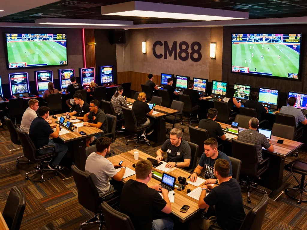 CM88 sports bettors engaging with live updates on screens in a modern lounge.