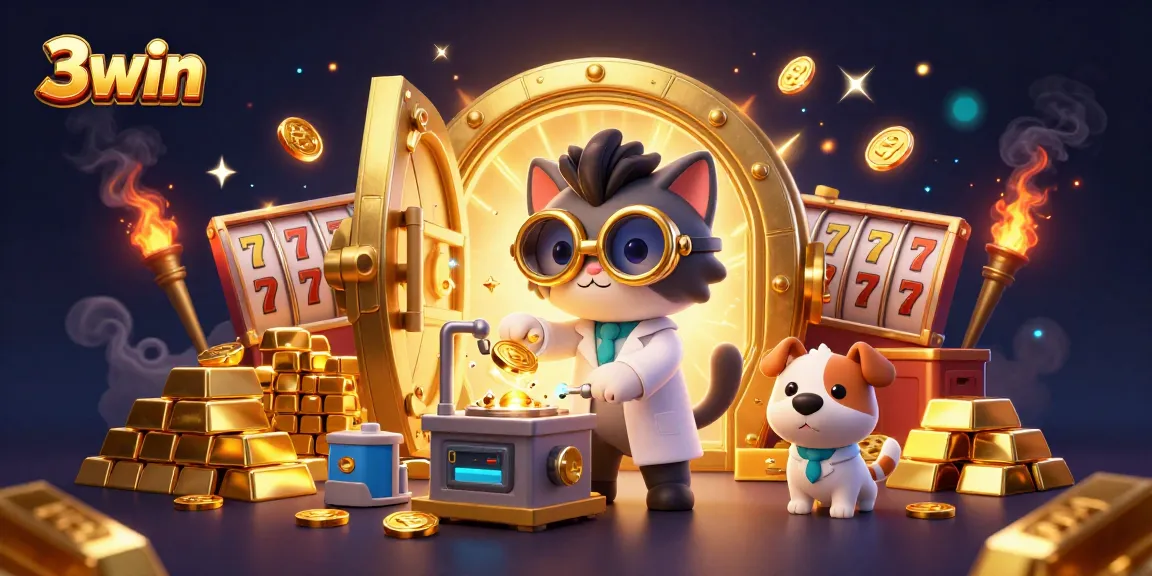 Experience winning with 3win in a vibrant, ultra-detailed 3D casino illustration showcasing exciting gameplay elements.