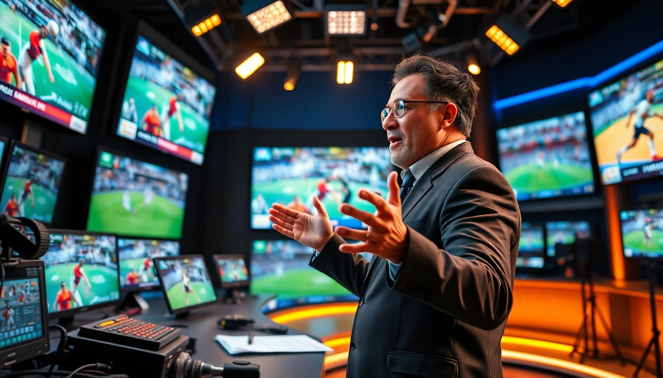Engaging sports broadcasting scene showcasing a passionate presenter in a vibrant studio.