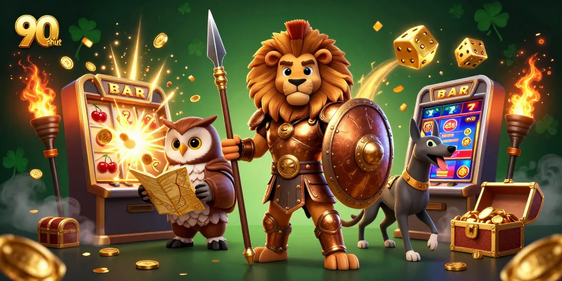 Engage in thrilling 90 phut experiences with a dynamic casino scene featuring a Spartan lion, strategic owl, and swift greyhound amid rich game elements.