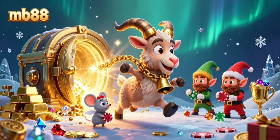 Experience the excitement at mb88 with a vibrant casino scene featuring Krampus, an angel mouse, and elf gremlins stealing chips.