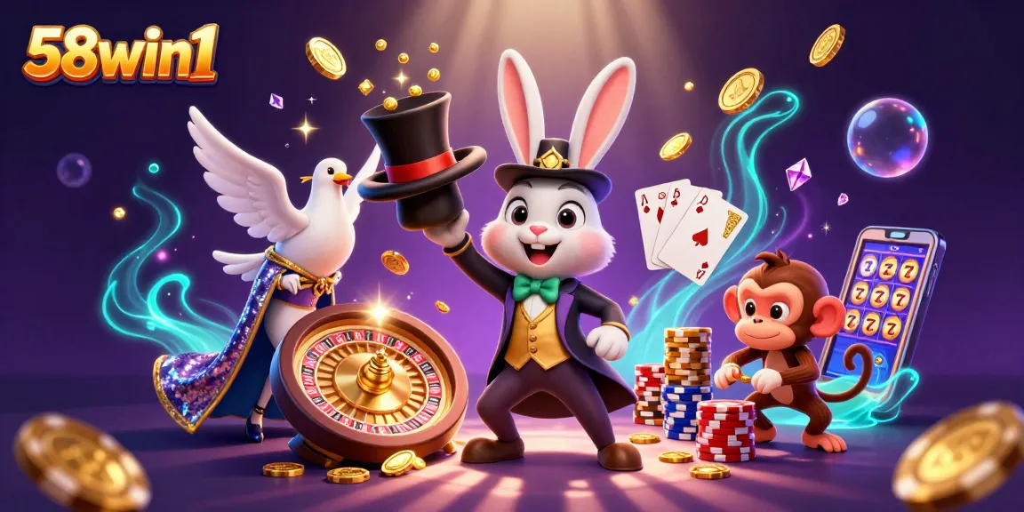 Experience 58win1's magical charm with a vibrant casino illustration featuring a magician rabbit and glamorous characters.