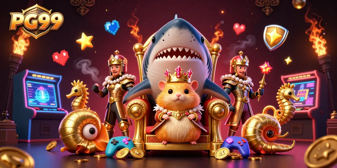 Engage in thrilling gaming at PG99 with a hoard of colorful arcade machines and royal characters while surrounded by gold.