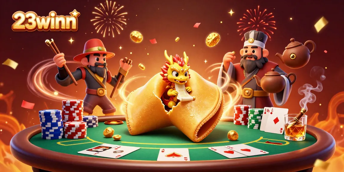 Experience thrilling wins with 23winn’s dynamic poker scene featuring golden fortune cookie characters.