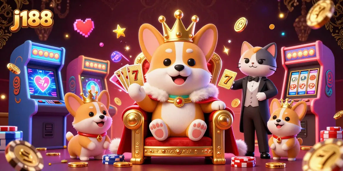 Watch j188's royal corgi ruling the casino throne amidst vibrant gaming elements.