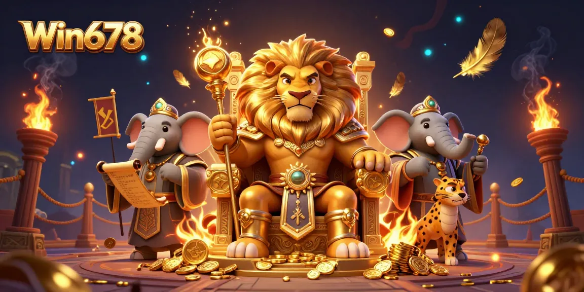 Win678 players winning with a lion king and advisors in an epic online casino battle scene.