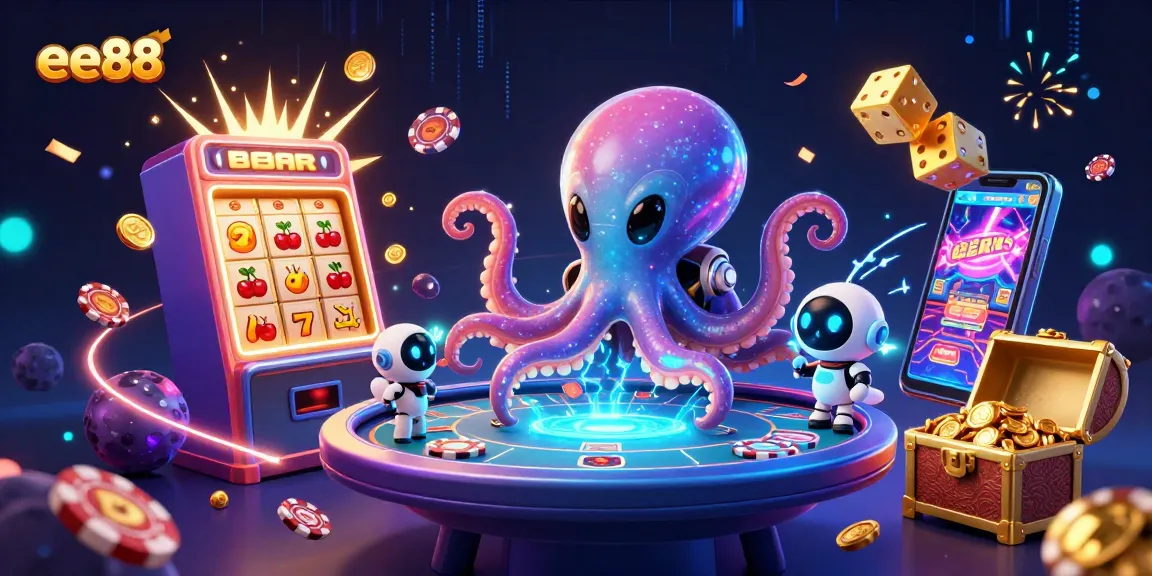 ee88 showcases a lively scene of an alien octopus at a holographic poker table with vibrant casino elements.